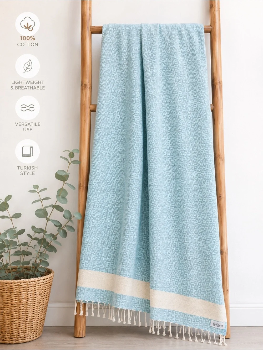 Light Blue and Cream Oversized Turkish-Style Fringe Beach Blanket 100% Cotton